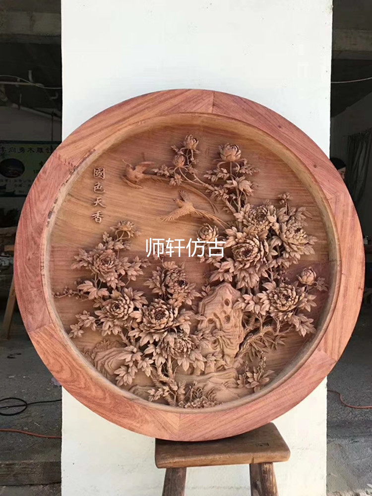东阳木雕实木圆形花开富贵手工雕花板隔断电视背景墙雕刻定制