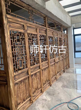 东阳木雕中式装修雕花实木门窗花格做旧玄关隔断屏风仿古隔断定制