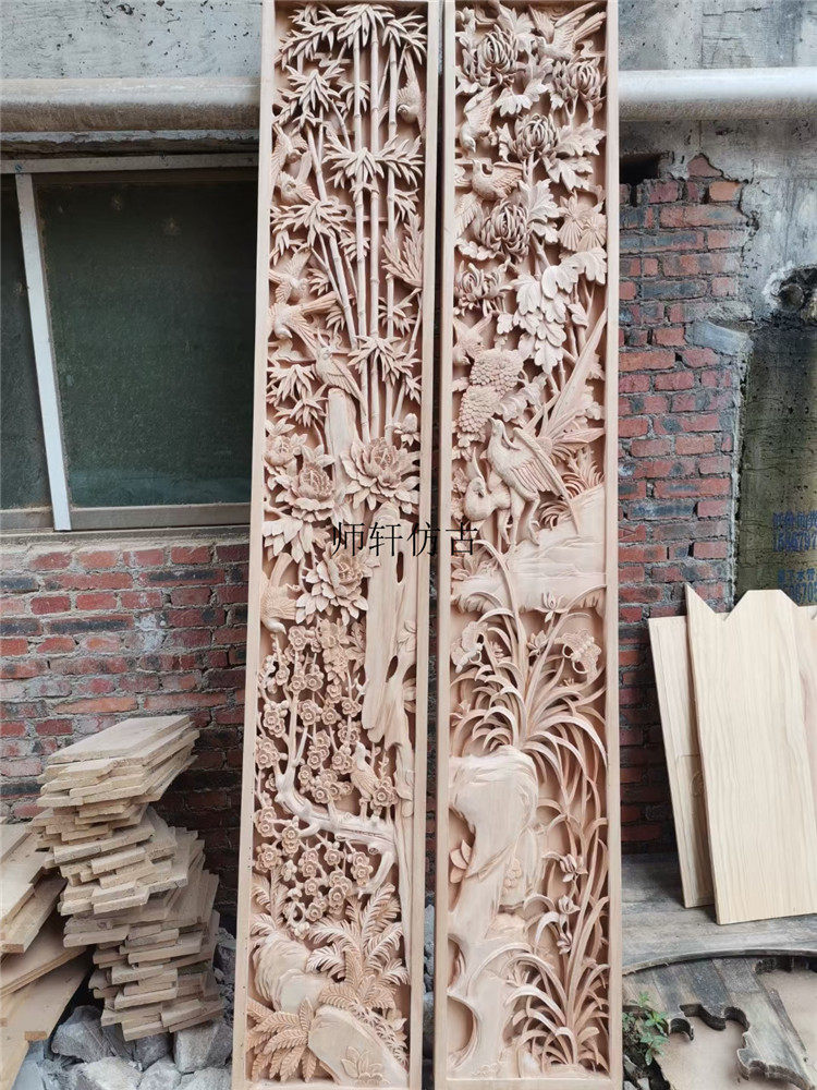 东阳木雕实木花鸟雕花屏风挂屏立体手工深雕背景墙壁饰中式定制