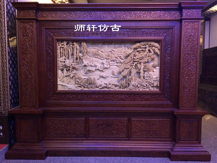东阳木雕红花梨大座屏红木手工深雕屏风松鹤延年红木家具插屏隔断