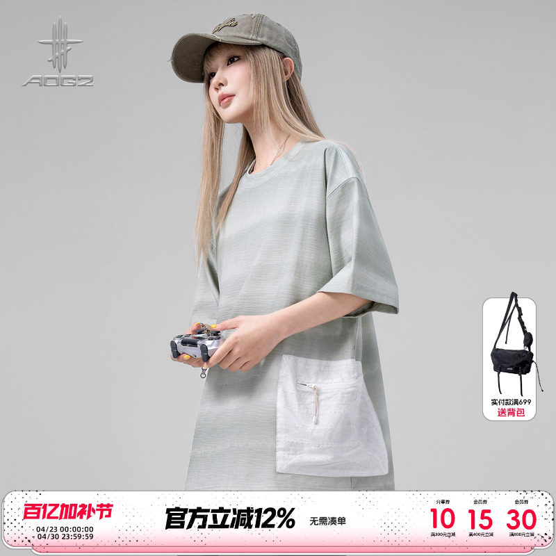 AOGZ山系户外机能短袖T恤男女夏季新款撞色口袋设计感五分袖上衣