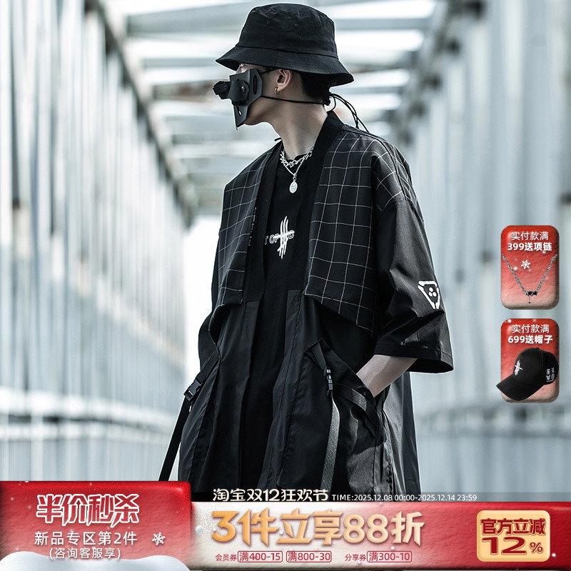 格子拼接七分袖机能工装外套