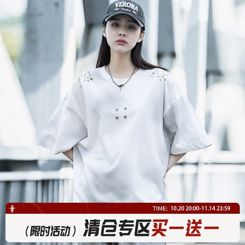 AOGZ复古做旧印花短袖t恤男夏季时尚百搭设计感宽松情侣半袖上衣