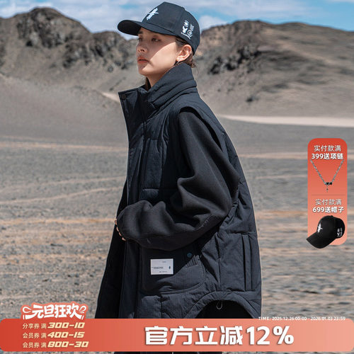 AOGZ可隐藏帽子棉马甲男款秋冬季新款多口袋坎肩外套美式工装背心