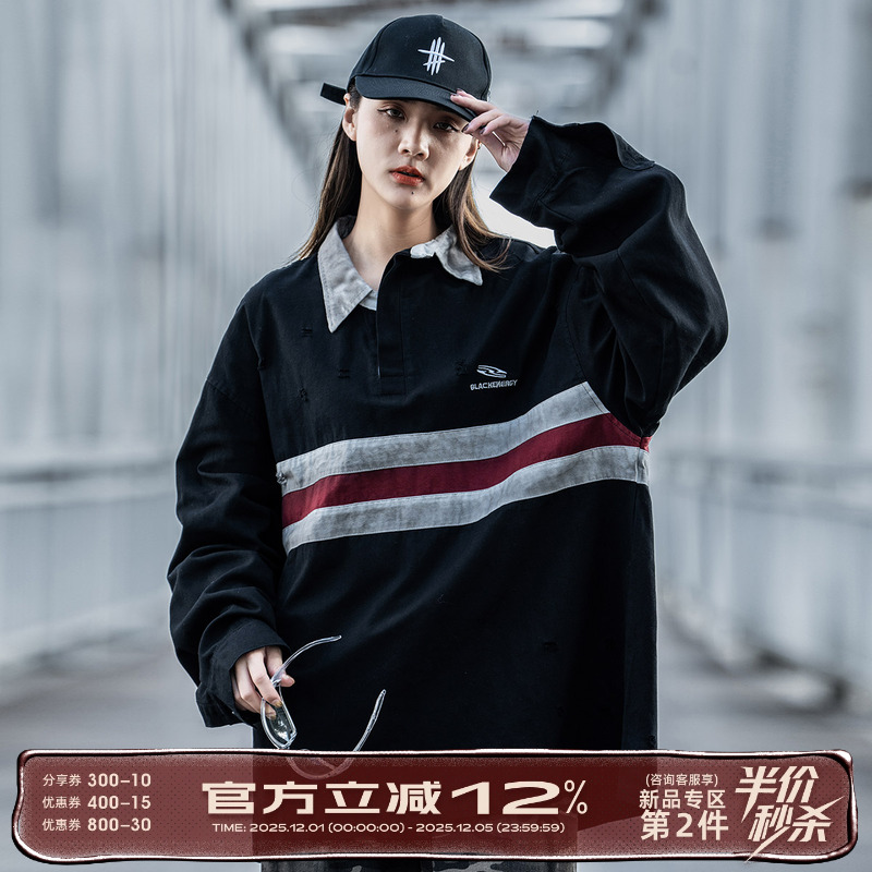 小彬国潮牌不规则设计感卫衣男女秋冬新款复古做旧POLO领情侣上衣