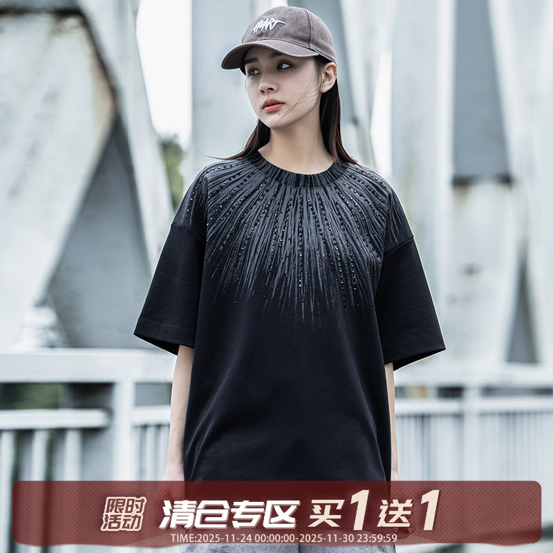 AOGZ放射印花烫钻短袖T恤男女夏季宽松休闲圆领个性时尚情侣上衣