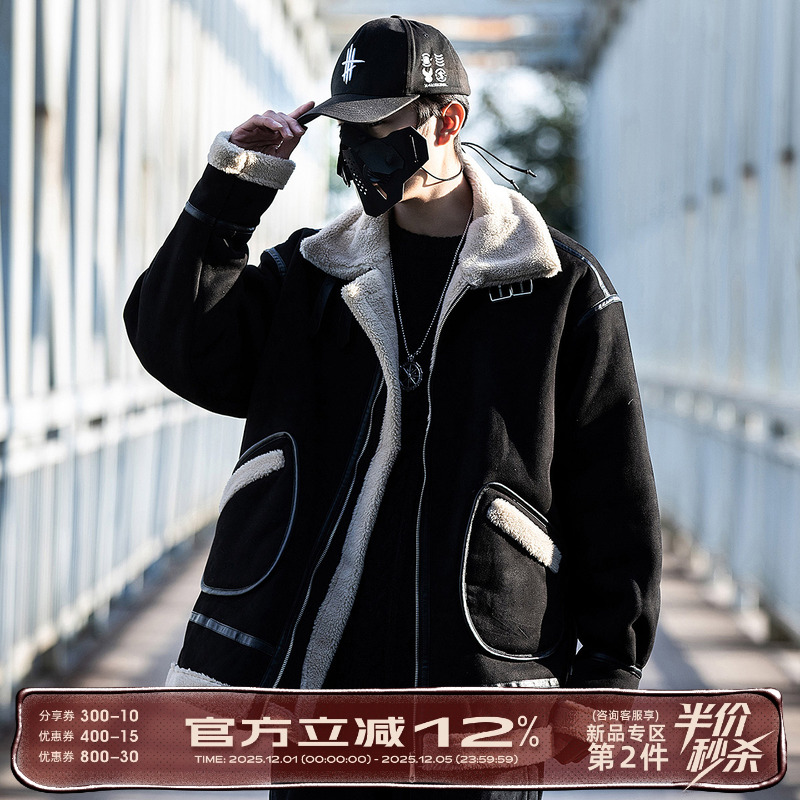 AOGZ国潮牌棉服男新款冬季机车风衣服棉袄麂皮绒加绒加厚情侣外套