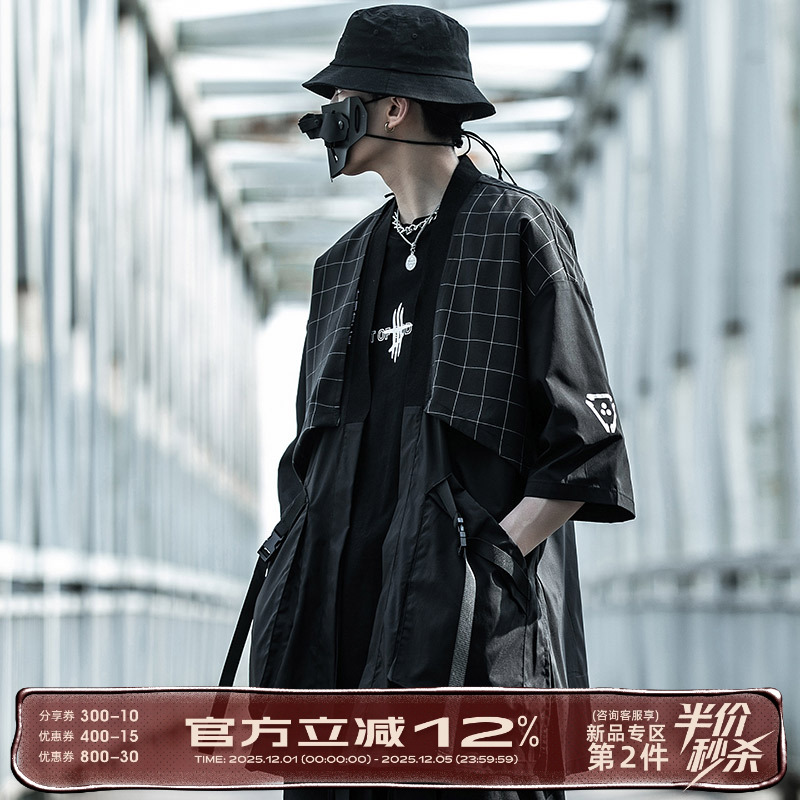 格子拼接七分袖机能工装外套