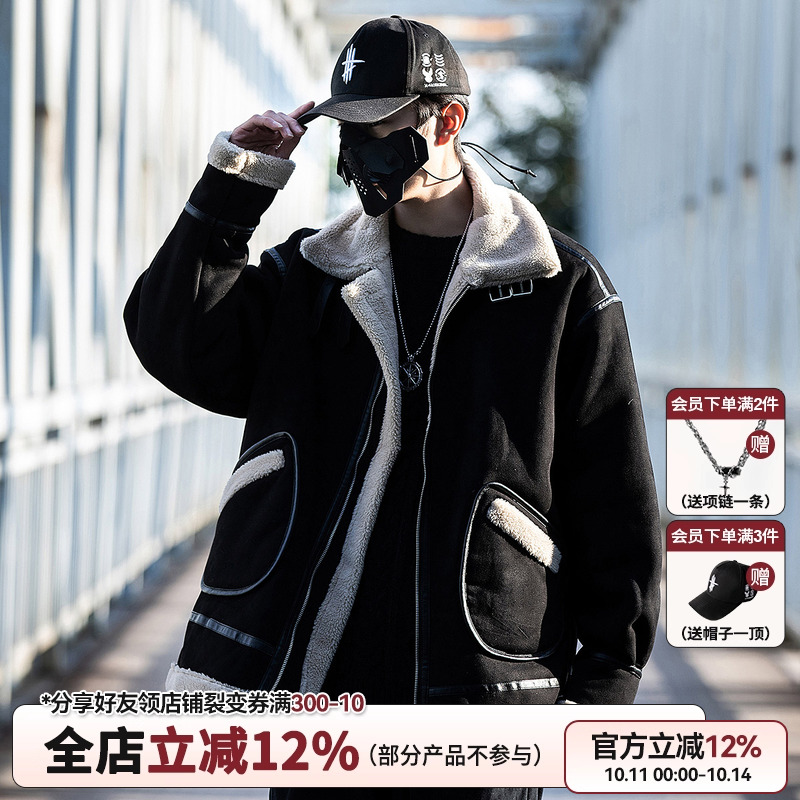 AOGZ国潮牌棉服男新款冬季机车风衣服棉袄麂皮绒加绒加厚情侣外套