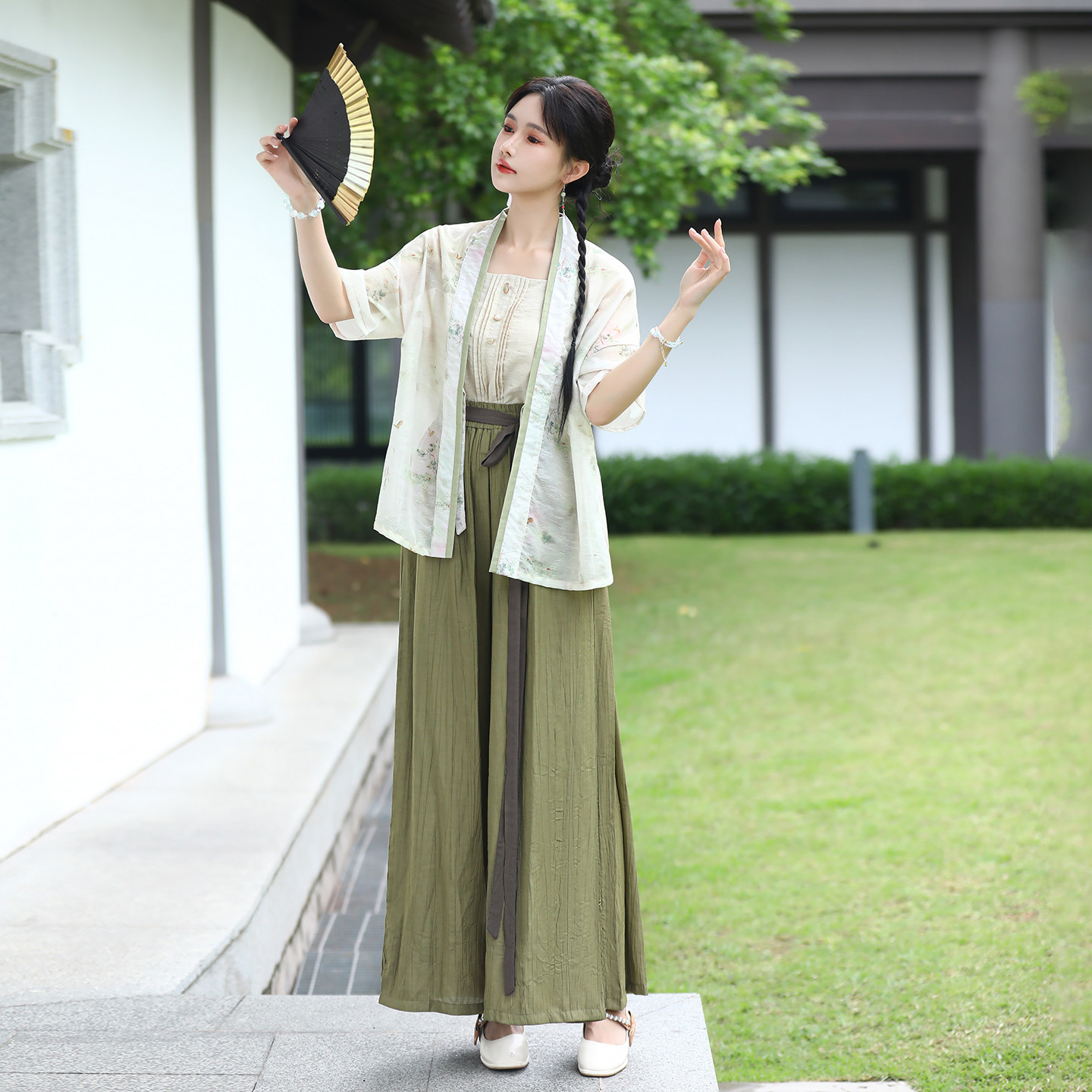 实拍夏新款宋制对襟短袖衫吊带改良宋裤阔腿裤日常通勤汉元素女