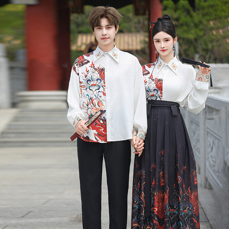 新款原创中国风提花国潮绣花复古衬衣改良汉服情侣表演服舞台套装