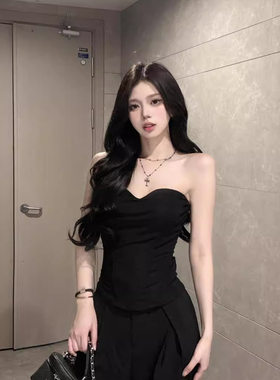 性感黑色鱼骨抹胸上衣女夏季爆款立体设计感外穿修身显瘦裹胸背心