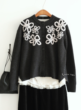 日系刺绣花朵羊毛螺纹针织开衫女士冬季羊毛衫