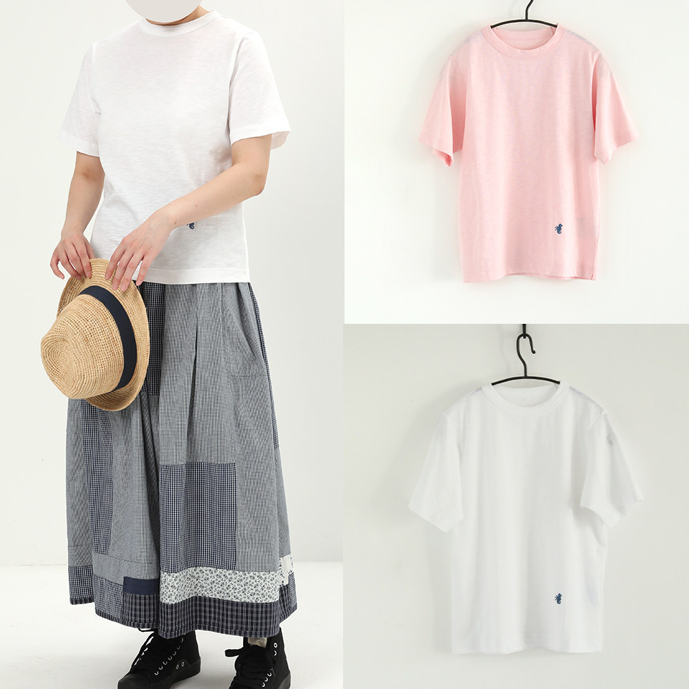 日系浅粉色T恤竹节棉夏季T恤女士简约白色短袖