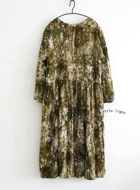 水墨森林感印花连衣裙日单pdc自然褶皱高级感女士连衣裙