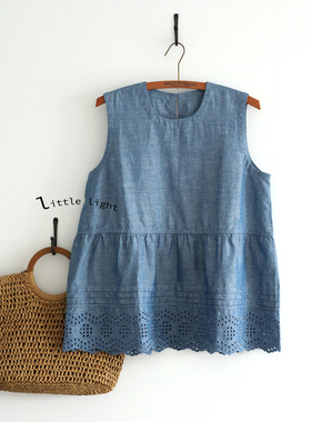 日系无袖背心镂空蕾丝花边无袖上衣刺绣背心娃娃衫