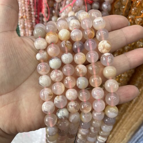 8-12mm天然樱花玛瑙圆珠散珠半成品一条38厘米长手链饰品配件