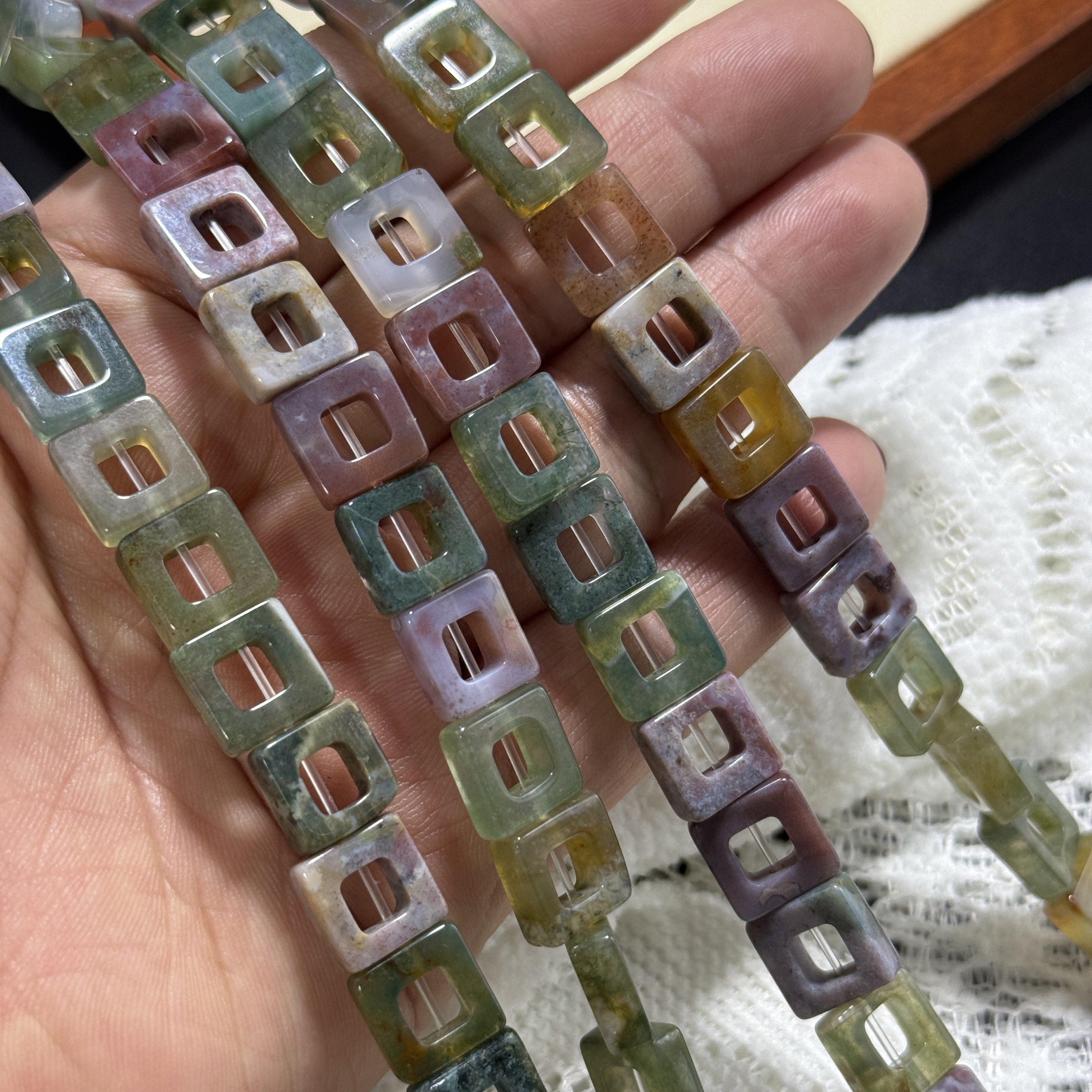 天然石草花绿印度玛瑙镂空方块10x4mm半成品DIY项链手链配珠隔珠
