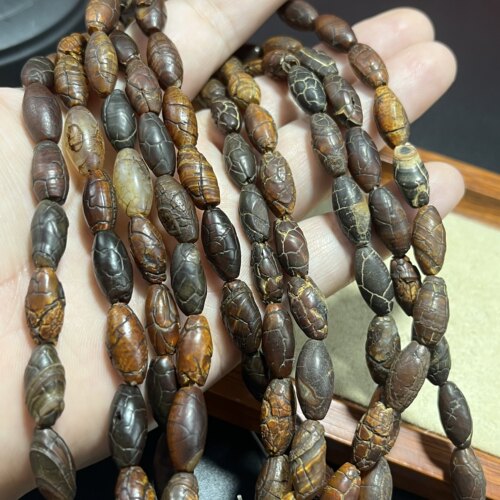 天然龟纹硬壳老玛瑙米珠7*14mm半成品散珠Diy项链手链串珠24颗