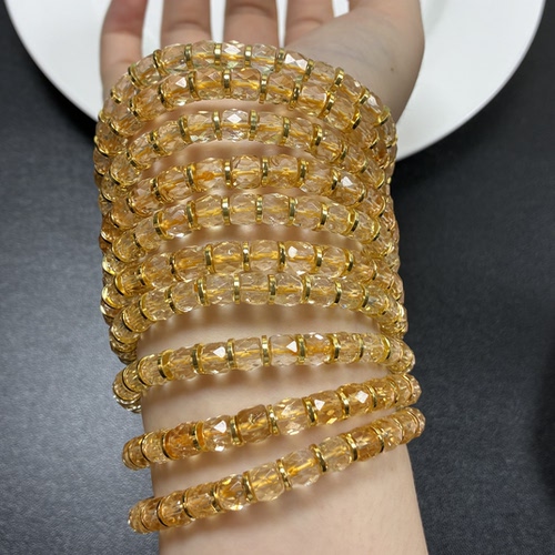 6mm精工切天然黄水晶塔晶桶珠手串~bling ~浅黄色饰品女手链