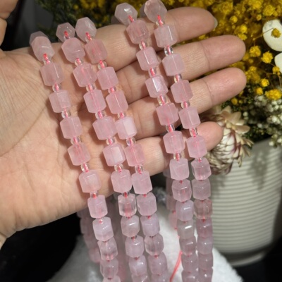8*10mm天然粉晶多棱柱散珠半成品Diy项链手链配珠38cm/29颗