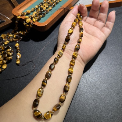 A级天然石黄虎8*12mm蛋形散珠半成品猫眼石Diy毛衣链手链配珠28颗