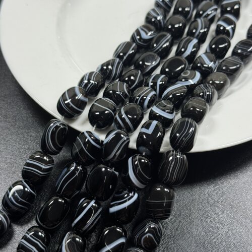 约12*16mm天然石黑色缠丝玛瑙倒角方块散珠半成品Diy项链手链配珠