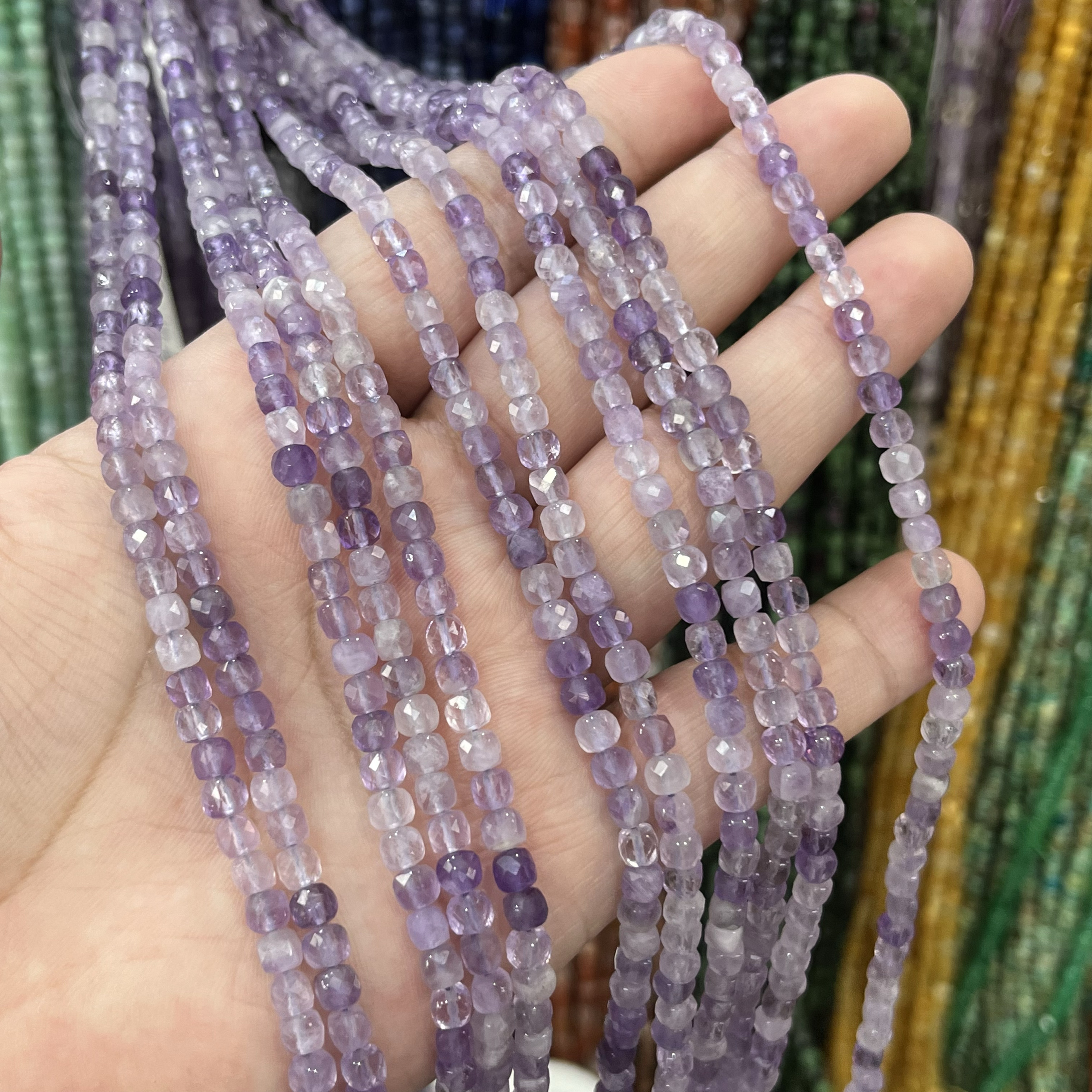 4mm天然浅紫水晶方糖散珠半成品diy项链手链配珠配珠