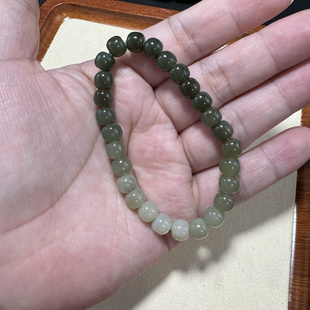 纯天然和田玉老坑高冰底晴水青白渐变老型款7*6mm女生手串珠项链