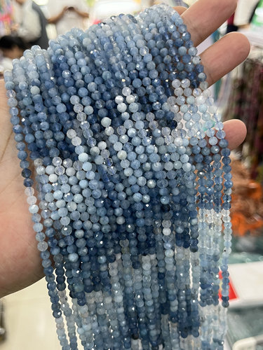 4mm天然渐变海蓝宝切角圆珠散珠半成品DIY锁骨链手链配珠串珠材
