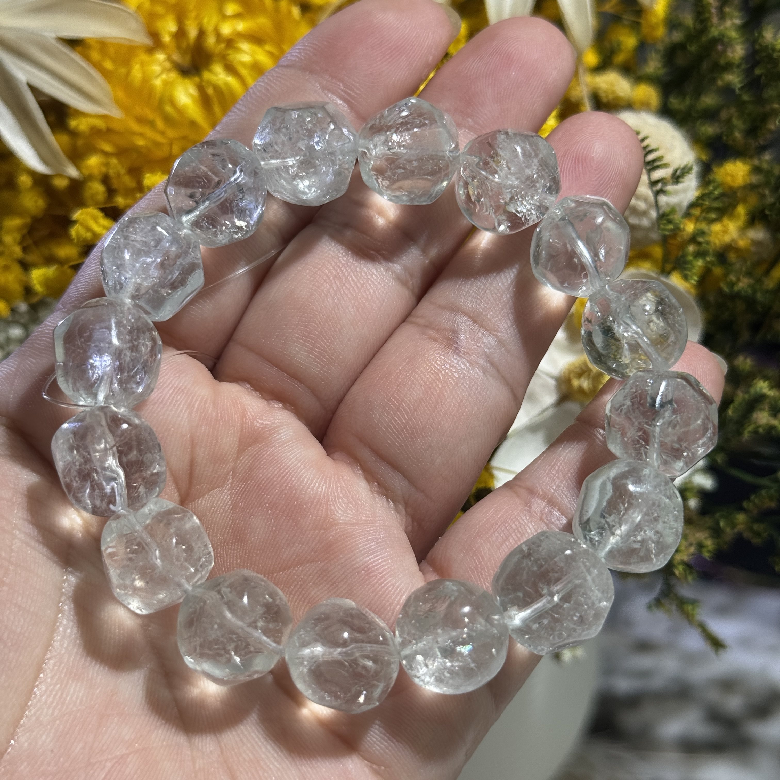 约13mm天然石绿水晶切面不规则圆珠梦幻浅绿手串孤品手链女