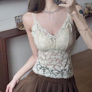 蕾丝内衣叠穿小吊带背心女秋带胸垫美背文胸一体内搭打底抹胸上衣