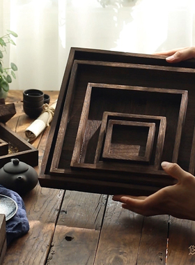 日式复古正方形烧桐木托盘实木质家用木制餐盘果盘茶盘点心收纳盘