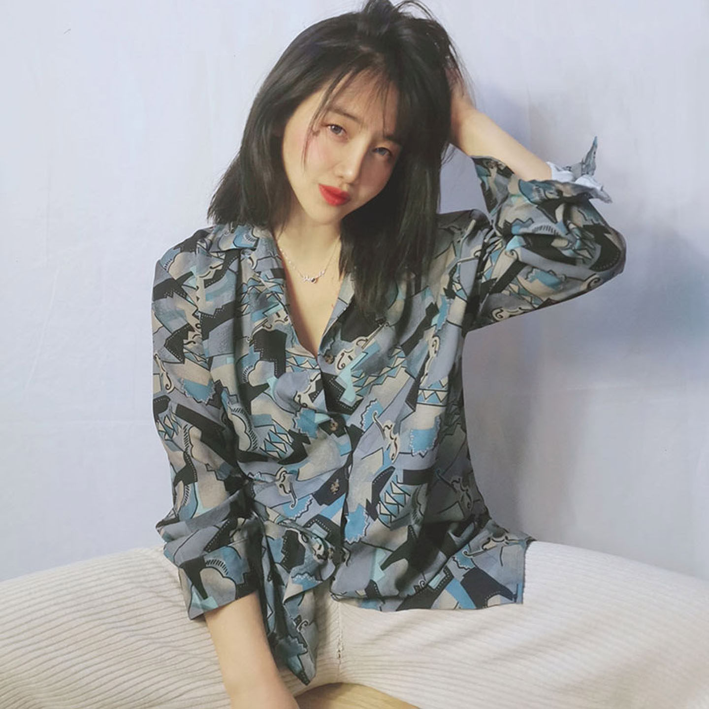 春秋港风复古印花长袖衬衫少女