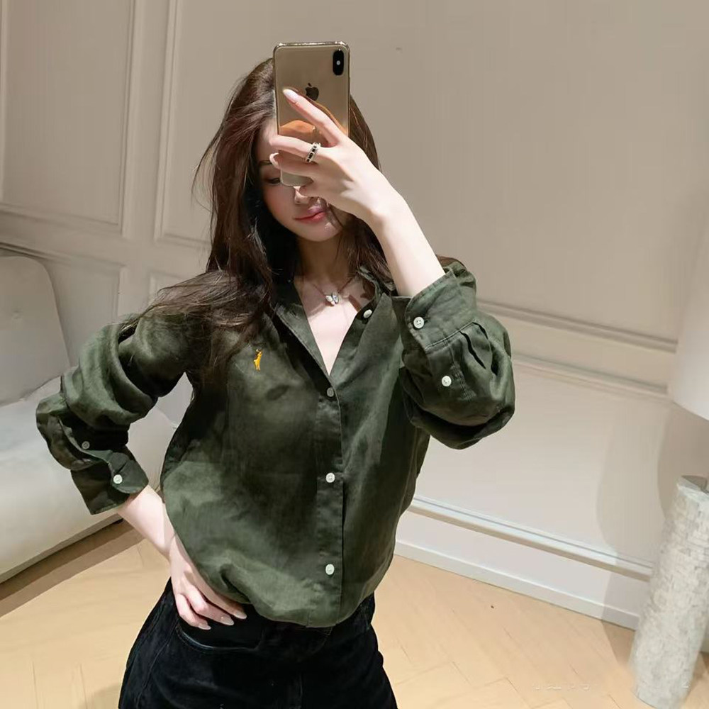 2026春季新款刺绣遮阳防晒军绿色亚麻衬衫女长袖薄款中长款上衣