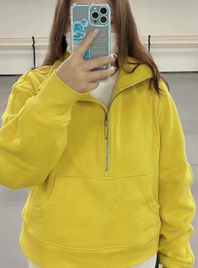 2025新款lu家半拉链烟囱立领连帽黄色卫衣女瑜伽服运动加绒外套