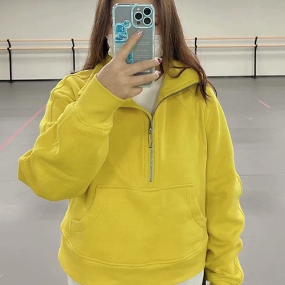 2025新款lu家半拉链烟囱立领连帽黄色卫衣女瑜伽服运动加绒外套