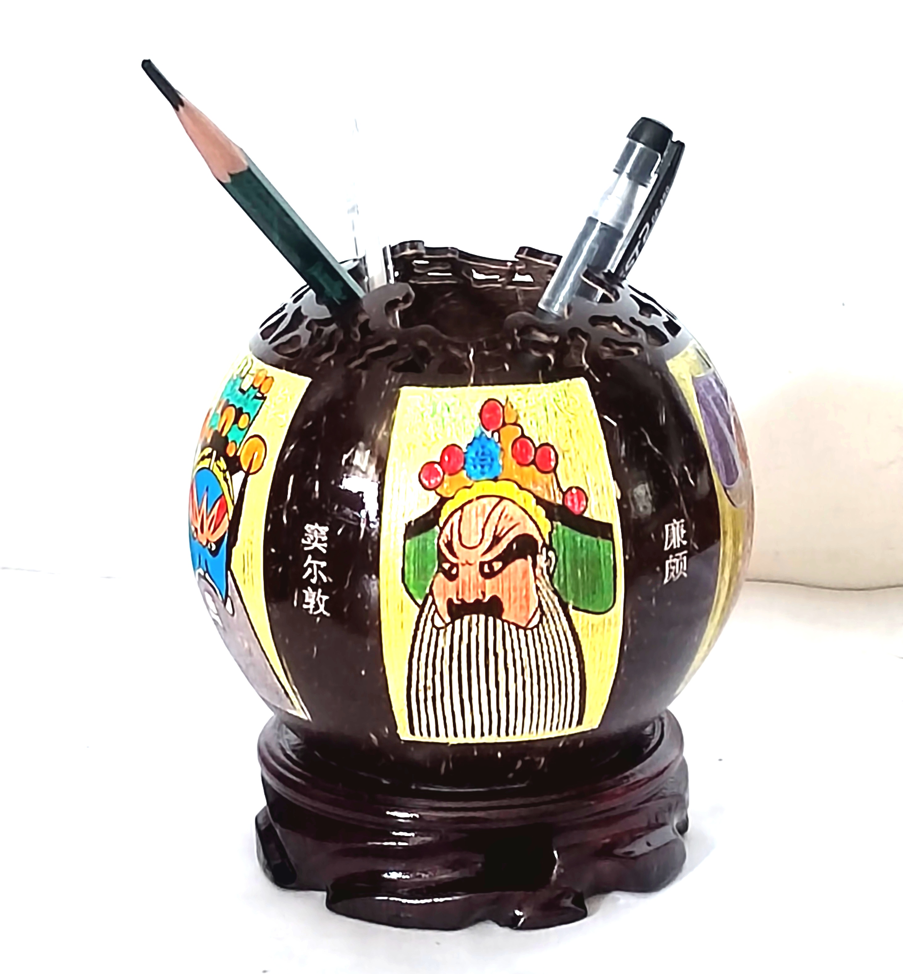 特价海南特色非遗椰雕画手绘脸谱笔筒居实用摆件工艺礼品生日礼物