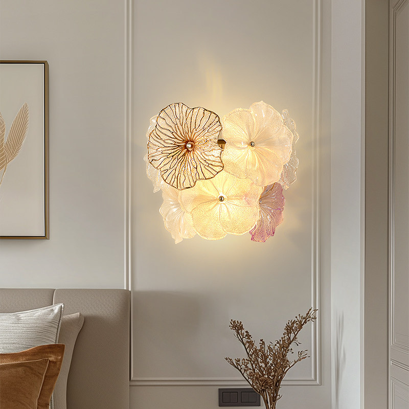 法式轻奢壁灯客厅背景墙灯现代简约玻璃花朵玄关卧室床头灯5931