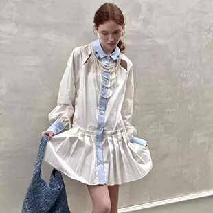 【现货】法式白色长袖连衣裙女夏季短款百褶衬衫裙子