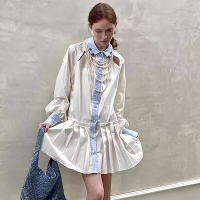 【现货】法式白色长袖连衣裙女夏季短款百褶衬衫裙子
