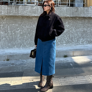 新品 冬季 复古vintage风宝蓝色低腰直筒对褶牛角扣半裙 正确版