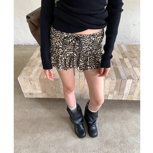 美式 女秋季 复古豹纹绑带短裙蛋糕裙裤 辣妹复古风A字裙 现货