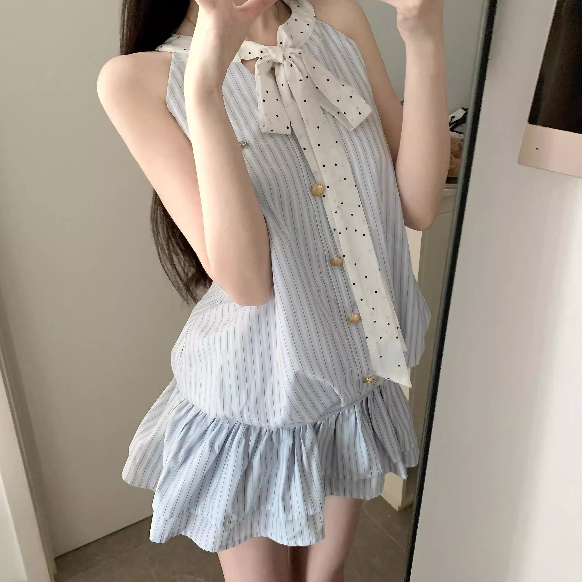【现货】韩系蓝色条纹挂脖连衣裙女小个子学院风收腰显瘦