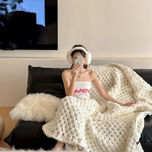 ins粗针半边绒手工沙发毯简约北欧纯色四季盖毯编织家具博主同款