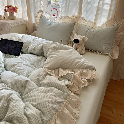 法式小清新格子花边款纯棉四件套