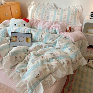 ins少女风纯棉四件套花边公主40支全棉床单被套卡通1.5宿舍三件套