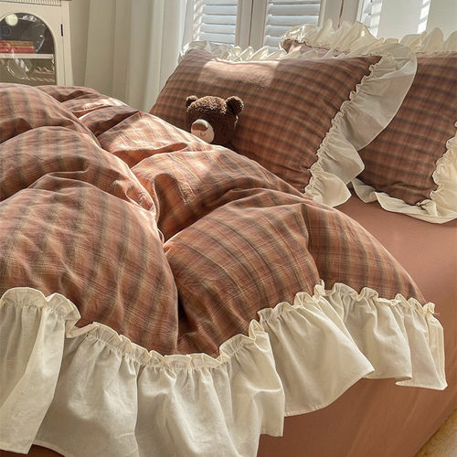 格纹纯棉水洗棉四件套荷叶边