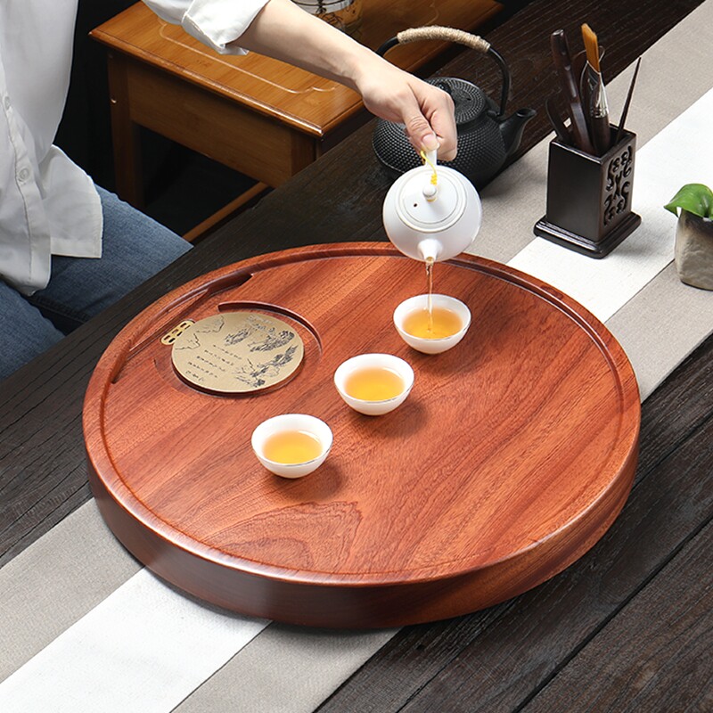 万家茶具圆形整块实木茶盘茶台小号黑檀花梨木整块排水原木檀木盘