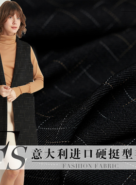 FS风尚意大利进口黑色色条方块毛麻布料硬挺骨感女装外套服装面料
